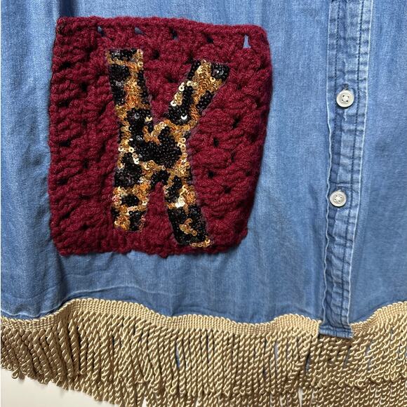 Denim Button-Up Upcycled Shirt Handcrafted Embellishments Boho Western Cotton 3X - Picture 7 of 15